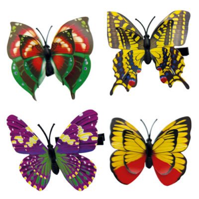 Descriptif des Broches papillons double ailes : Papillons décoratifs pour vos glaces et cocktails 250 pièces Dimensions : H.8 cm L.9 cm Sur pince avec ressort en métal2 Référence : 7448 Matière : papier Couleur : multicolore