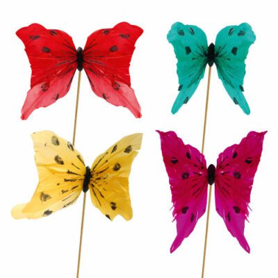 Descriptif des Papillons Plume GM  sur pique  : Papillons décoratifs pour vos glaces et cocktails 240 pièces Dimensions hors pique : H 18 cm L 18 cm Sur pique en bois Référence : 784 Matière : synthétique Couleur : multicolore