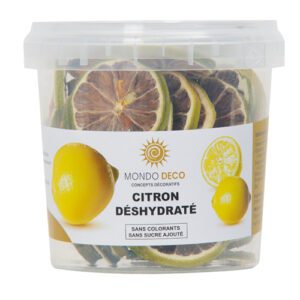 Descriptif du Citron vert déshydraté : Référence : 2006 1 pièce Contenance : 55 gr Produits déshydraté Comestible Couleur : Jaune Décoration cocktails / assiettes/Pâtisserie