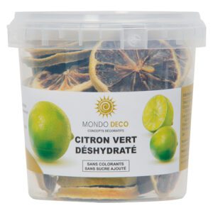 Descriptif du Citron vert déshydraté : Référence : 2018 1 pièce Contenance : 75 gr Produits déshydraté Comestible Couleur : Vert Décoration cocktails / assiettes/Pâtisserie