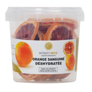 Descriptif de l'Orange sanguine déshydratée : Référence : 2009 1 pièce Contenance : 55 gr Produits déshydraté Comestible Couleur : orange Décoration cocktails / assiettes/Pâtisserie