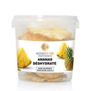 Descriptif de l'Ananas déshydratée : Référence : 2022 1 pièce Contenance : 75 gr Produits déshydraté Comestible Couleur : Jaune Décoration cocktails / assiettes/Pâtisserie