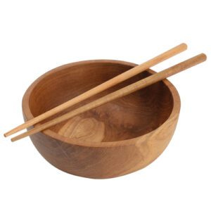Descriptif des Bols Teck + baguettes : Référence : 5414 6 pièces Dimensions : ø 14,5 cm H 6 cm Matière : Teck Couleur : bois Incompatible lave-vaisselle et micro-ondes