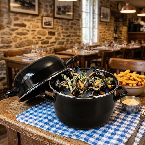 Cocotte à moules - Référence : 5449-5873 1 pièce Dimensions : Grand modèle : Ø18 cm - 2.8 L Petit modèle : Ø16 cm - 1,9 L Design noir élégant avec bord en acier inoxydable Couvercle astucieux : retournez-le pour y mettre vos coquilles vides Marmite émaillée durable, facile à nettoyer Lavable au lave-vaisselle Compatible four