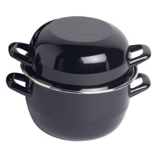 Descriptif de la Cocotte à moules : Référence : 5449 1 pièce Dimensions : ø 18 cm - 2.8 L Capacité idéale 1kg pour portions moyennes Design noir élégant avec bord en acier inoxydable Couvercle astucieux pour coquilles vides Marmite émaillée durable, facile à nettoyer Lavable au lave-vaisselle Compatible four
