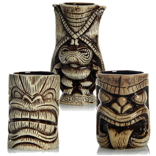 Descriptif des Set 3 mugs Tiki verres en céramique : Référence : 5572 Dimensions :H. 12,7 à 18 cm Ø7 à 9 cm Contenance : 48 + 35 + 50 cl Matière : Céramique Couleur : Multicolore Compatible lave-vaisselle Éviter les chocs thermiques