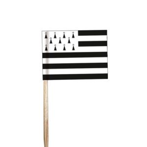 Drapeaux bretons (grand modèle) : 500 pièces Dimensions hors pique : 3,5 x 5 cm Référence : 7313 Matière : Papier, bois Couleur : Noir, blanc
