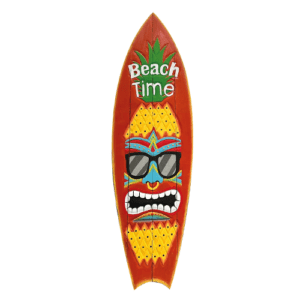 Descriptif de la Planche surf Beach Time : 1 pièce Dimensions : L. 100 cm Référence : 7417 A suspendre par une accroche à l’arrière de la planche Matière : Bois Couleur : multicolore