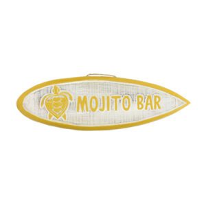 Descriptif de la Planche surf Mojito Bar : 1 pièce Dimensions : L. 80 cm Référence : 7420 A suspendre par une accroche à l’arrière de la planche Matière : Bois Couleur : multicolore