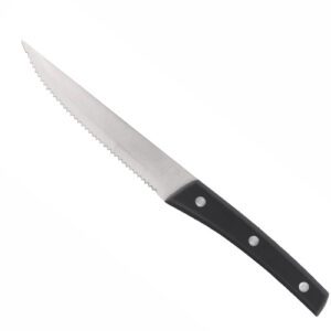 Descriptif des Couteaux à steak : Lot de 6 Lame lisse de 13 cm pour une coupe nette Acier inoxydable 18/0 pour plus de durabilité Manche ABS ergonomique avec rivets anti-corrosion Longueur totale de 24 cms, équilibre parfait Ref 7444