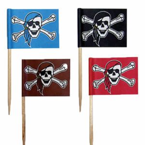 Drapeaux pirates : piques à burger cuisson 250 pièces Dimensions : 3,5 x 2,5 cm Référence : 855 Matière : bois, papier Couleur au choix : rouge, bleu, marron ou noir