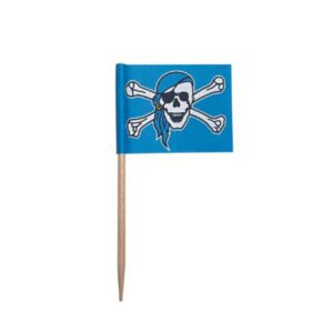 Descriptif des Drapeaux pirates bleu : piques à burger cuisson bleu 250 pièces Dimensions : 3,5 x 2,5 cm Référence : 855B Matière : Bambou/Papier Couleur : Bleu