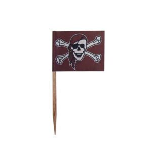 Descriptif des Drapeaux pirates Marron : piques à burger cuisson Marron 250 pièces Dimensions : 3,5 x 2,5 cm Référence : 855M Matière : Bambou/Papier Couleur : Marron