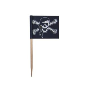 Descriptif des Drapeaux pirates Noir : piques à burger cuisson Noir 250 pièces Dimensions : 3,5 x 2,5 cm Référence : 855N Matière : Bambou/Papier Couleur : Noir
