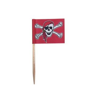Descriptif des Drapeaux pirates rouge : piques à burger cuisson rouge 250 pièces Dimensions : 3,5 x 2,5 cm Référence : 855R Matière : Bambou/Papier Couleur : Rouge