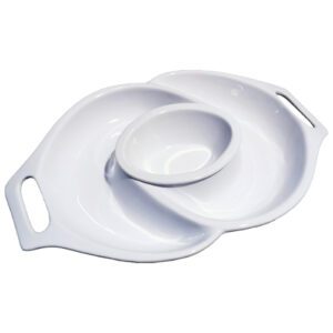 Assiette 3 compartiments : Idéal pour la présentation de vos apéritifs, raclettes, plats conviviaux à composer, etc... Compartiment central amovible Assiette avec poignées Référence : BA1 1 pièce Dimensions : 52 x 33 cm Matière : Céramique Couleur : blanc Compatible lave-vaisselle