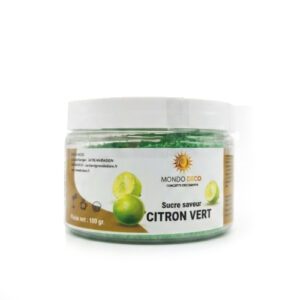 sucre saveur citron vert : Référence : 2023 1 pot Quantité : 100 g net Couleur : vert  Valeurs nutritionnelles (pdf) Ingrédients :  Sucre, citron vert, arôme citron vert, colorant (E140)