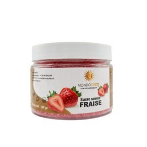 pot de sucre saveur fraise : Idéal pour décoration cocktail Référence : 2024 1 pot Quantité : 100 g net Couleur : rouge Valeurs nutritionnelles (pdf) Ingrédients : Sucre, fraise, arôme fraise, colorant (E162)
