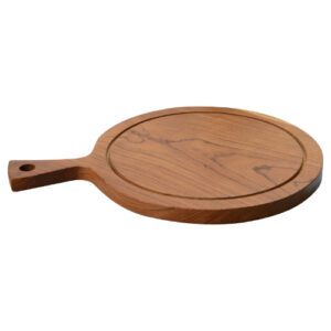 Planche ronde rainurée : Référence : 5293R 1 pièce Dimensions : L.39 cm Ø31 cm - épaisseur 1,7 cm Planche rainurée Matière : Teck Couleur : bois Incompatible lave-vaisselle et micro-ondes