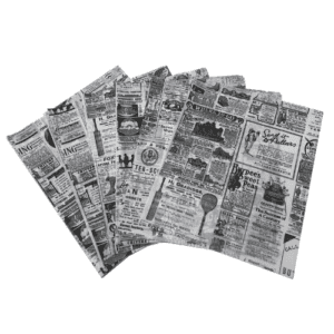 feuilles d'emballage alimentaire : Impression journaux de presse Référence : 5342 1000 pièces Dimensions : 34 x 28 cm Matière : papier Couleur : noir, blanc Emballage alimentaire