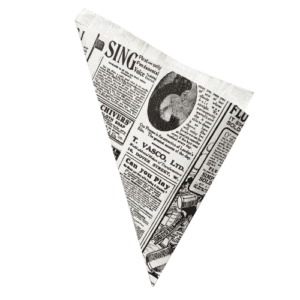Cornets à frites en papier : Impression journaux de presse Référence : 5389 250 pièces Dimensions : H.17cm ; Ø 12 cm  Matière : papier  Couleur : noir, blanc Emballage alimentaire