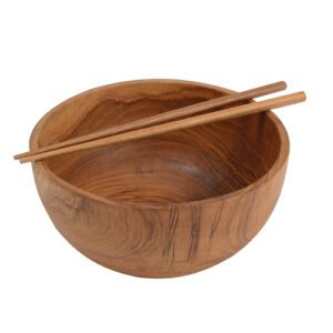 Bols Teck GM + baguettes : Référence : 5415 Lot de 6 (6 bols + 6 paires baguettes) Dimensions : Ø19,5 cm H.9,5 cm Contenance : 115 cl Matière : bois (teck) Couleur : marron Incompatible lave-vaisselle et micro-ondes
