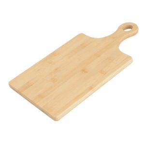 planche bambou + poignée : Référence : 5418 1 pièce Planche avec manche/poignée Dimensions : 39,5 x 21 cm - épaisseur 1,4 cm Matière : bois (bambou) Couleur : beige Incompatible lave-vaisselle et micro-ondes