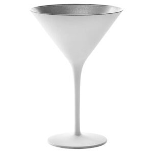 verre Cocktail Martini blanc et argent : Référence : 5623 5 pièces Dimensions : H.17 - Ø 11,7 cm Matière : Verre Couleur : Blanc, argent Lavage à la main recommandé
