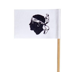 drapeaux corses (grand modèle) : 200 pièces Dimensions hors pique : 5 x 3,5 cm Sur pique de 15 cm Référence : 7320 Matière : Papier, bois Couleur : Noir, blanc
