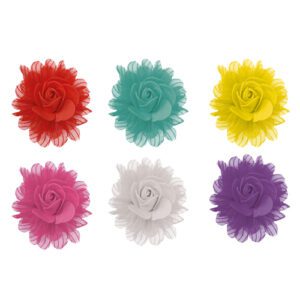 Roses sur broche : Fleurs décoratives pour vos glaces et cocktails 60 pièces Dimensions : Ø 6,5 cm Sur pince en métal Référence : 7391 Matière : textile, EVA Coloris : multicolore
