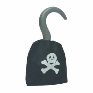 Crochet pirate, idéal pour soirée à thème, ambiance pirate. Crochet en plastique gris, main recouverte de tissus noir avec crane et os style pirate. Taille adulte, adapté aux enfants, taille unique