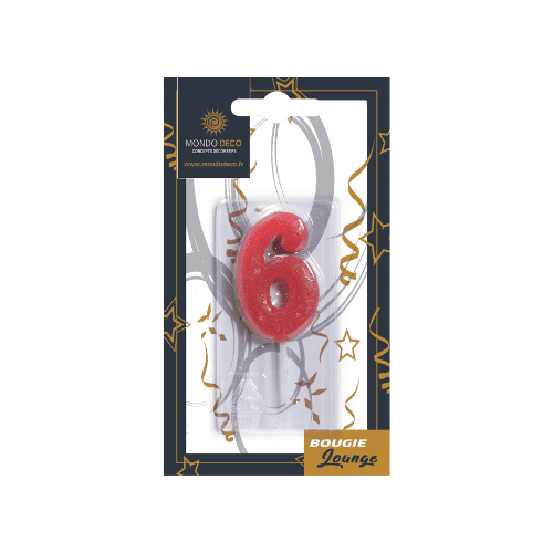 Descriptif de la BOUGIE LOUNGE CHIFFRE 6 : Chiffre 6 Boite de 25 blisters Dimensions : H. 4.5 cm Référence : 1016 Matière : Cire Couleur : Multicolore spéciale revente Boulangerie/Pâtisserie Possibilité de prêt de présentoir sous condition
