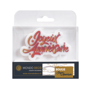 Bougie Joyeux Anniversaire : Bougie avec 2 mèches, avec impression "Joyeux anniversaire"  . Conditionnent au choix : A l'unité (blister de 1 bougie) Par boite de 25 blisters Emballage avec trou européen pour suspendre à un présentoir Matière : Cire Coloris : rouge, blanc