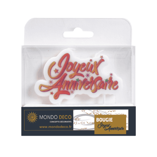 Bougie Joyeux Anniversaire : Bougie avec 2 mèches, avec impression "Joyeux anniversaire" . Conditionnent au choix : A l'unité (blister de 1 bougie) Par boite de 25 blisters Emballage avec trou européen pour suspendre à un présentoir Matière : Cire Coloris : rouge, blanc