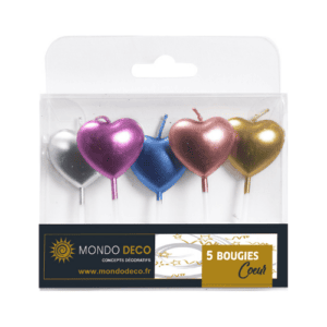 5 bougies Cœurs : Cœurs moulés Quantité au choix A l'unité Boite de 25 blisters Référence : 1075 Matière : Cire Couleur (effet métalisé) : multicolore