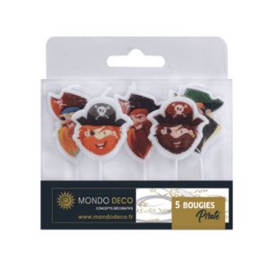 5 bougies Pirate : Assortiment de 5 bougies sur le thème Pirate. Différentes formes et couleurs de têtes de pirate. Conditionnent au choix : A l'unité (blister de 5 bougies) Par boite de 25 blisters Emballage avec trou européen pour suspendre à un présentoir Dimensions : H. de 2,8 cm à 4,5 cm Référence : 1087 Matière : Cire Coloris : multicolore