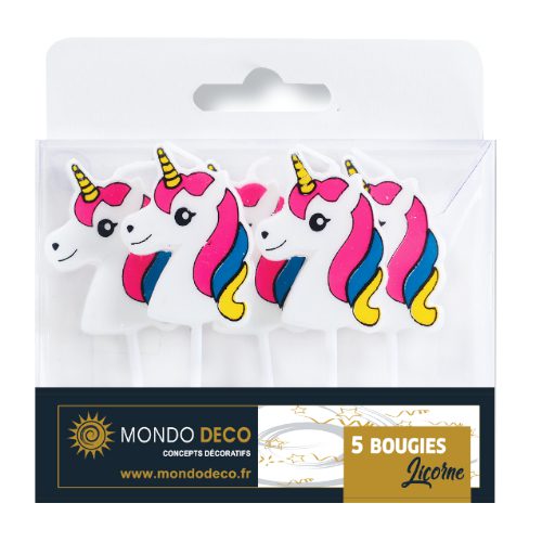 5 bougies Licorne : 5 bougies avec tête de licorne Quantité au choix A l’unité (1 blister de 5 bougies) Boite de 25 blisters Référence : 1088 Matière : Cire Couleur : multicolore