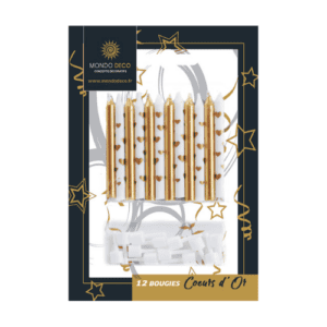 12 bougies cœurs d'or : Bougies courtes, deux styles différents : 6 dorées unies au fini métallisé + 6 à impression cœurs dorés sur fond blanc Conditionnement au choix : A l'unité (1 blister de 12 bougies) Par boite (25 blisters de 12 bougies) Emballage avec trou européen pour suspendre à un présentoir Référence : 1098 Matière : Cire, plastique Coloris au choix : blanc, doré