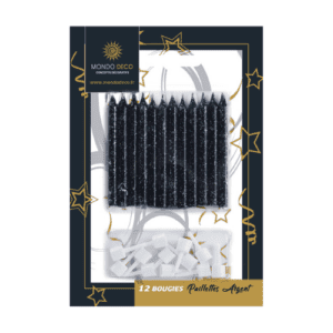 12 bougies noires pailletées : Bougies courtes, noires et paillettes argentées Conditionnement au choix : A l'unité (1 blister de 12 bougies) Par boite (25 blisters de 12 bougies) Emballage avec trou européen pour suspendre à un présentoir Référence : 1099 Matière : Cire, plastique Coloris : noir