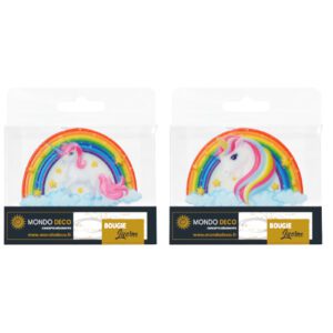 Bougie Licorne Arc-en-ciel : Bougie à relief, licorne en premier plan et arc-en-ciel, étoiles et nuage en arrière plan 2 modèles disponibles Quantité au choix A l'unité (modèle aléatoire) Boite de 25 blisters (mélange des 2 modèles) Dimensions (hors pique) : H.5,5 cm Référence : 1112 Matière : Cire Couleur : multicolore