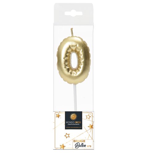 Descriptif de la BOUGIE BALLON CHIFFRE 0 : Chiffre 0 Display de 20 blisters Dimensions : H. 5 cm Référence : 1130 Matière : Cire Couleur : Doré spéciale revente Boulangerie/Pâtisserie Possibilité de prêt de présentoir sous condition