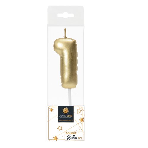 Descriptif de la BOUGIE BALLON CHIFFRE 1 : Chiffre 1 Display de 20 blisters Dimensions : H. 5 cm Référence : 1131 Matière : Cire Couleur : Doré spéciale revente Boulangerie/Pâtisserie Possibilité de prêt de présentoir sous condition