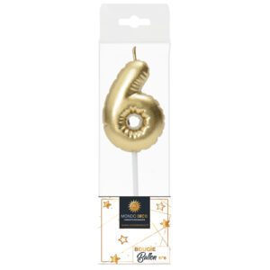 Descriptif de la BOUGIE BALLON CHIFFRE 6 : Chiffre 6 Display de 20 blisters Dimensions : H. 5 cm Référence : 1136 Matière : Cire Couleur : Doré spéciale revente Boulangerie/Pâtisserie Possibilité de prêt de présentoir sous condition