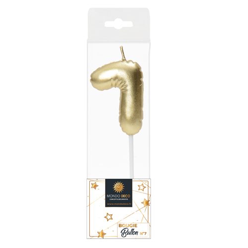 Descriptif de la BOUGIE BALLON CHIFFRE 7 : Chiffre 7 Display de 20 blisters Dimensions : H. 5 cm Référence : 1137 Matière : Cire Couleur : Doré spéciale revente Boulangerie/Pâtisserie Possibilité de prêt de présentoir sous condition