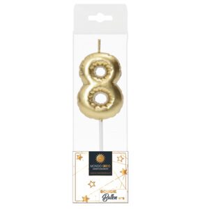 Descriptif de la BOUGIE BALLON CHIFFRE 8 : Chiffre 8 Display de 20 blisters Dimensions : H. 5 cm Référence : 1138 Matière : Cire Couleur : Doré spéciale revente Boulangerie/Pâtisserie Possibilité de prêt de présentoir sous condition