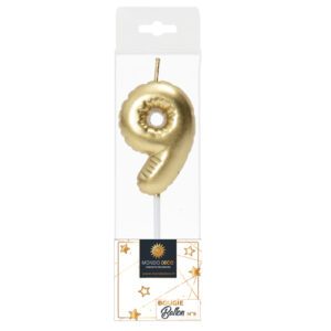 Descriptif de la BOUGIE BALLON CHIFFRE 9  : Chiffre 9 Display de 20 blisters Dimensions : H. 5 cm Référence : 1139 Matière : Cire Couleur : Doré spéciale revente Boulangerie/Pâtisserie Possibilité de prêt de présentoir sous condition