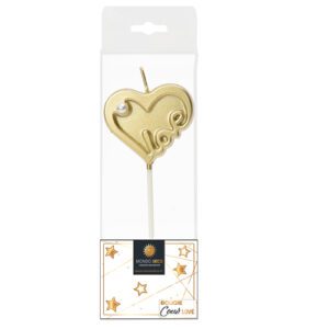 Bougies Cœur Love : Cœur moulé, avec texte "LOVE" et petite perle Quantité au choix A l'unité Boite de 20 blisters Référence : 1140 Matière : Cire Couleur (effet métallisé) : doré