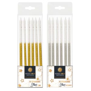 6 Bougies Strass : Bougies longues et fines à paillettes dorées ou argentées Conditionnent au choix : A l'unité (blister de 6 bougies) Par boite de 20 blisters (6 bougies par blister) Emballage avec trou européen pour suspendre à un présentoir Dimensions : H. 10 cm Matière : Cire, plastique Coloris au choix : doré ou argenté