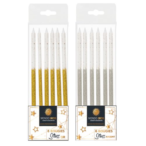 6 Bougies Strass : Bougies longues et fines à paillettes dorées ou argentées Conditionnent au choix : A l'unité (blister de 6 bougies) Par boite de 20 blisters (6 bougies par blister) Emballage avec trou européen pour suspendre à un présentoir Dimensions : H. 10 cm Matière : Cire, plastique Coloris au choix : doré ou argenté