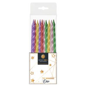 16 bougies Disco : Bougies torsadées, longues et colorées (unies) au fini métallisé Conditionnement au choix : A l'unité (1 blister de 16 bougies) Par boite (20 blisters de 16 bougies) Emballage avec trou européen pour suspendre à un présentoir Référence : 1143 Dimensions : H. 6,5 cm Matière : Cire, plastique Coloris au choix : multicolore